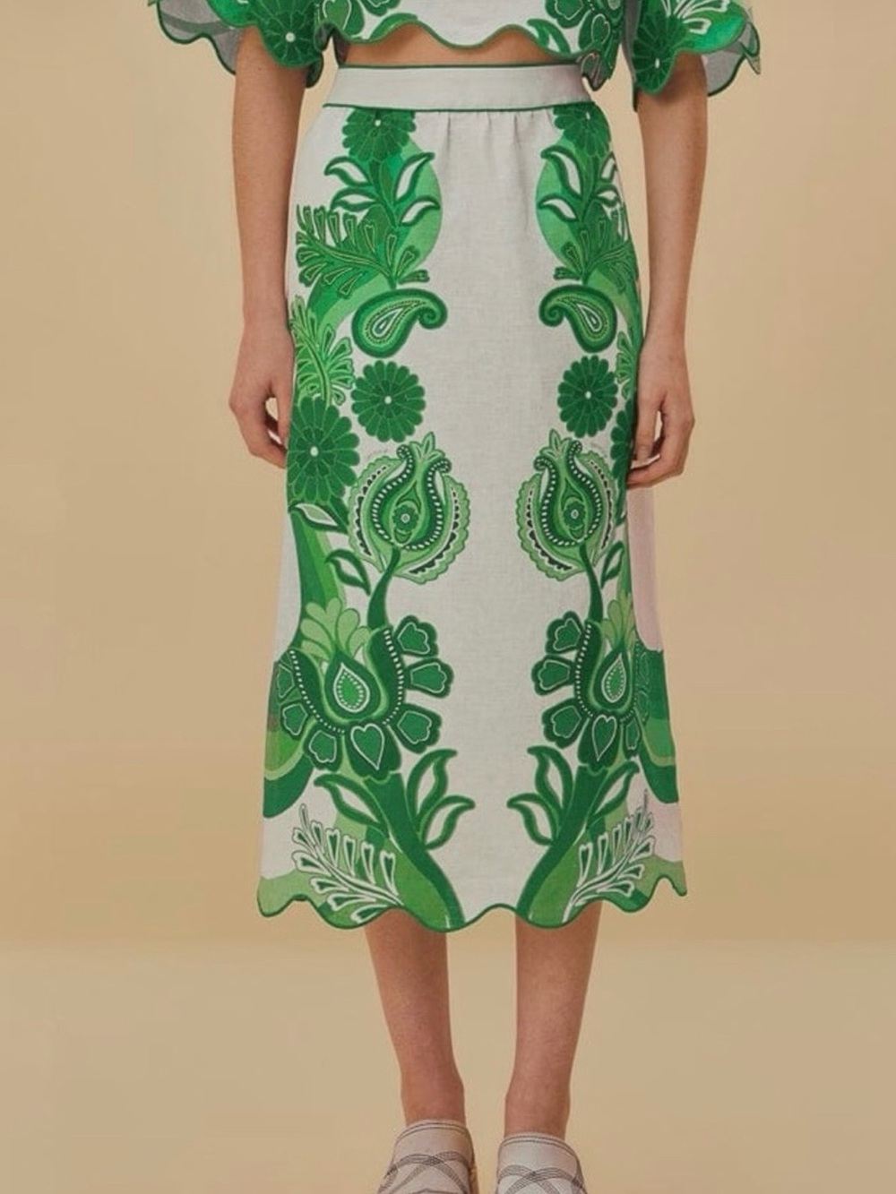 FARM Rio Festival Green Floral Midi Skirt